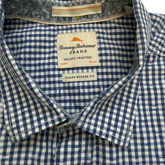 EUC Mens Tommy Bahama Island Modern Fit Navy Check‎ 100% Cotton L/S Shirt | XL - Picture 5 of 6